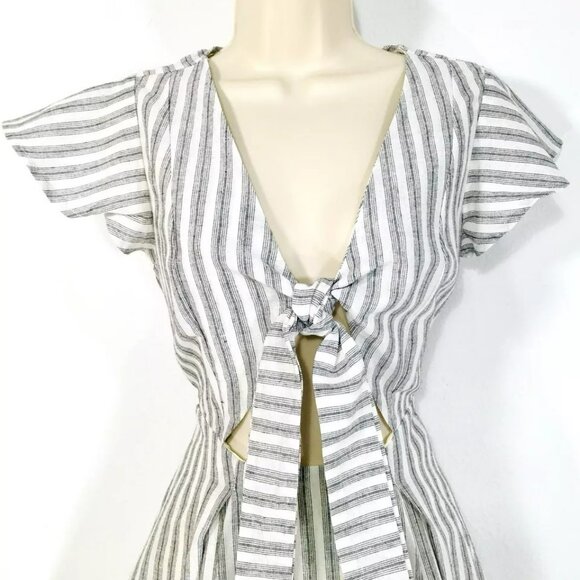 &Merci Tie Front Linen Blend Dress Sz M Flutter Sleeves Stretch Waist Cut Out - Picture 4 of 12